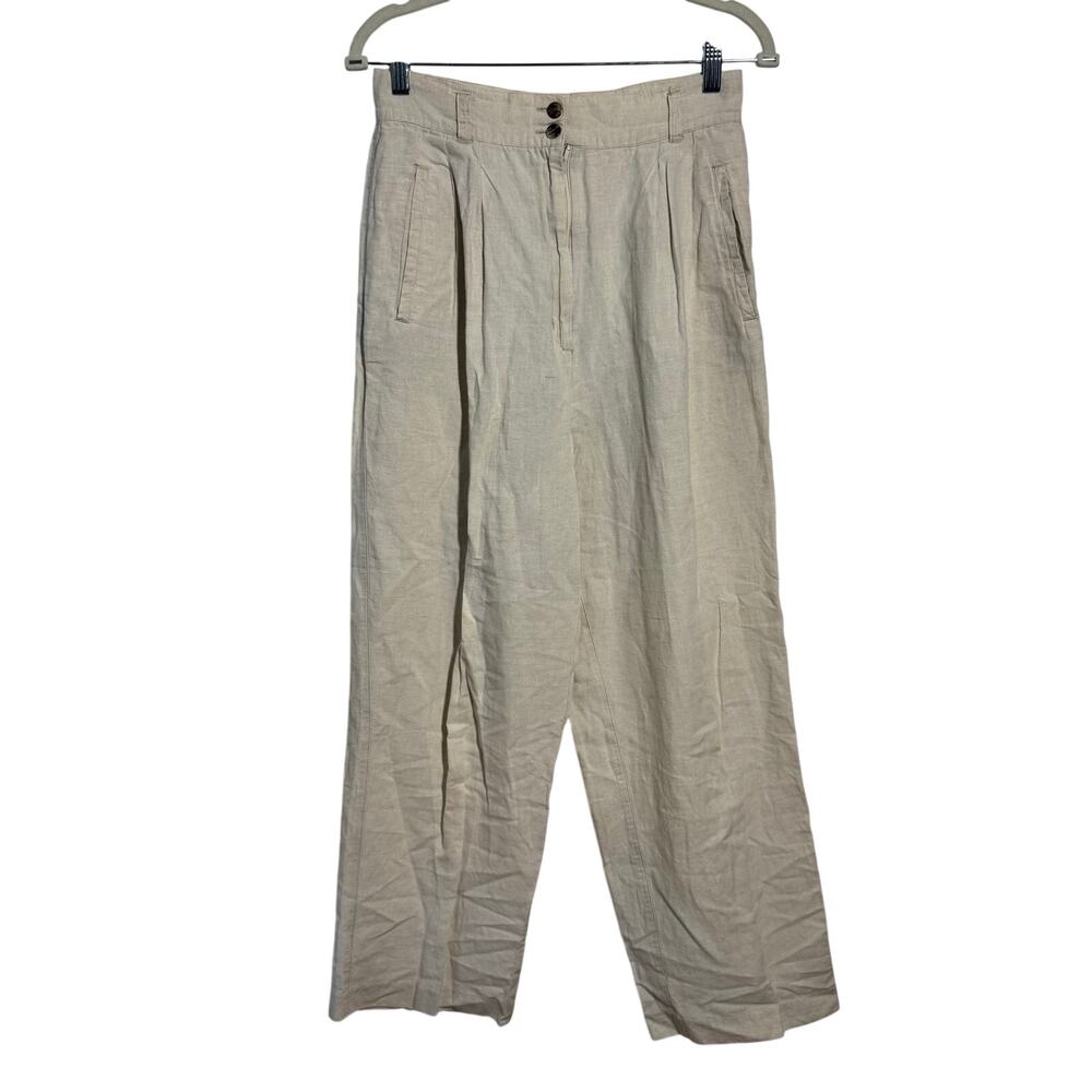 MODA International LinenCotton Pleated Coastal Minimal Trouser Pant Tan 10 Beach